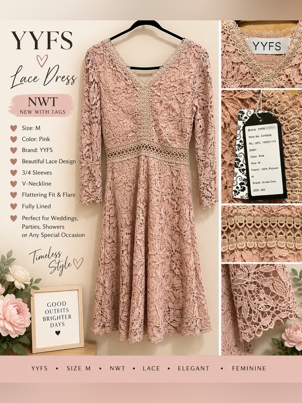 Pink Lace V-Neck Midi Dress
